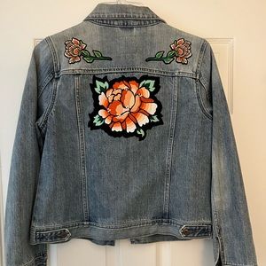 Old Navy denim jean jacket with custom Stay Home Club peony patches, Size L